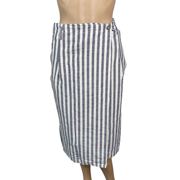 By Anthropologie White Navy Blue Striped Wrap Pencil Midi Skirt SZ 4 - Picture 4 of 10